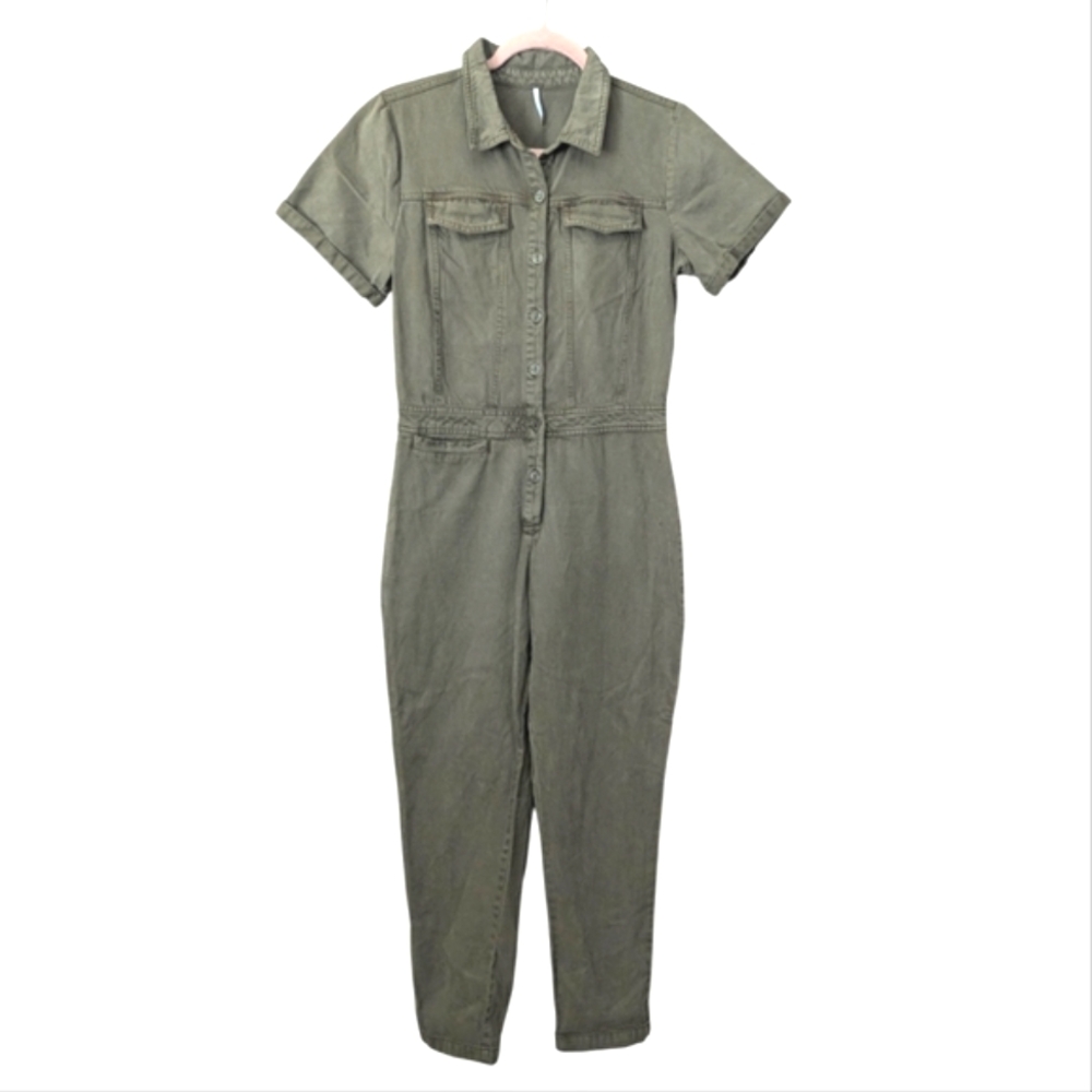 YFB Denim Cotton Olive Green Utility  Jumpsuit Short Sleeve Pockets Size Small